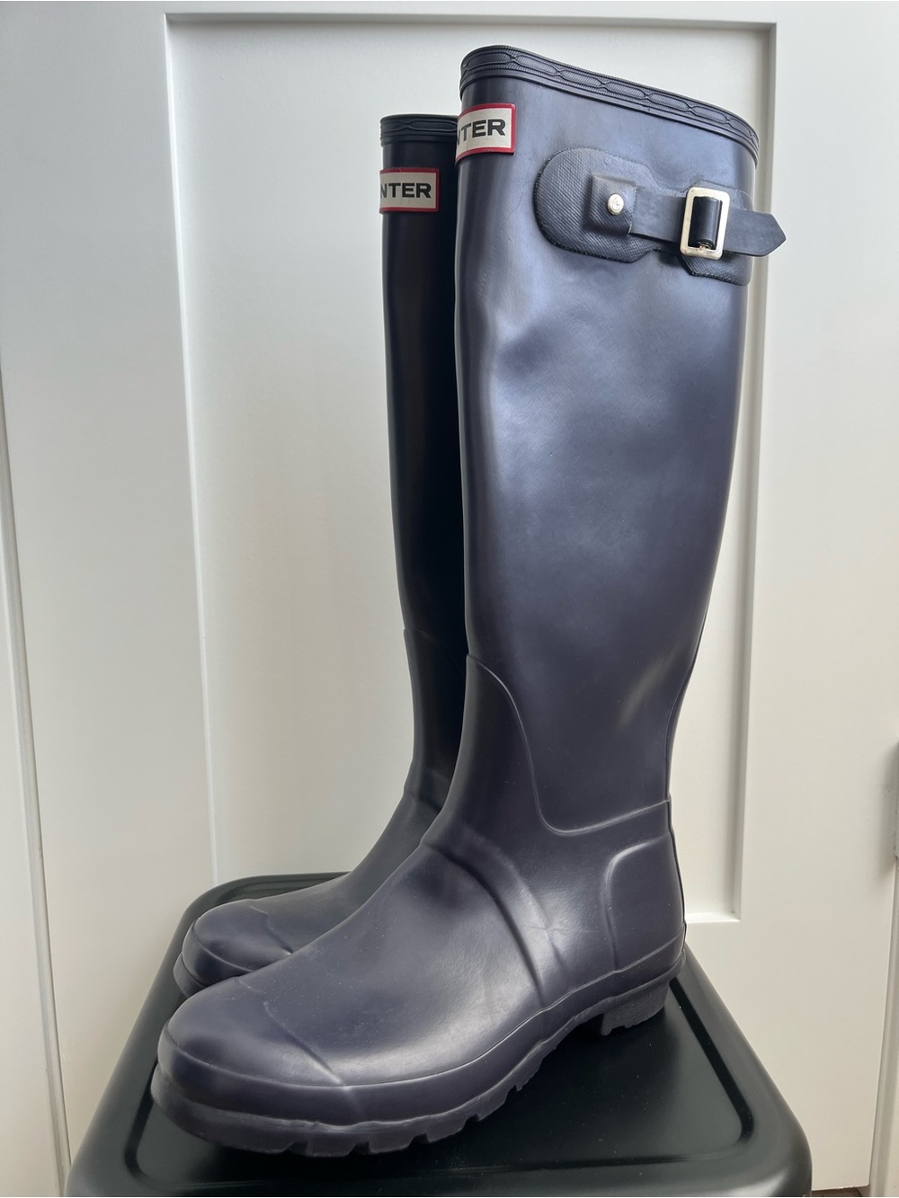 Hunter Tall Navy Rubber Rain Boots with Buckle